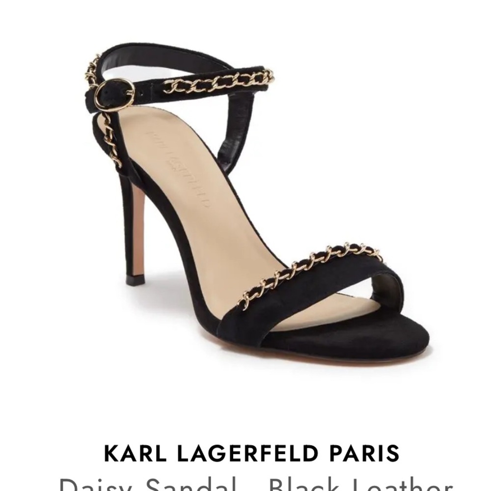 Karl Lagerfeld Black w/Gold Chain “DAISY” Sandal Heels Size 8